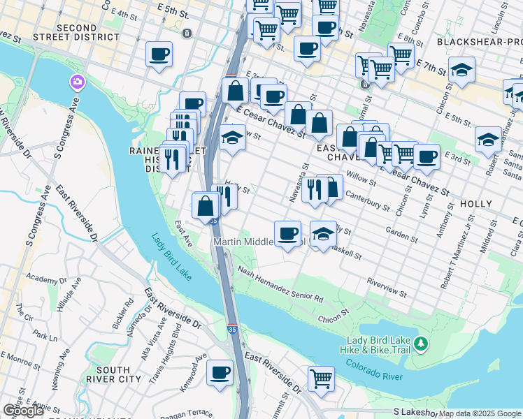 map of restaurants, bars, coffee shops, grocery stores, and more near 1207 Haskell Street in Austin