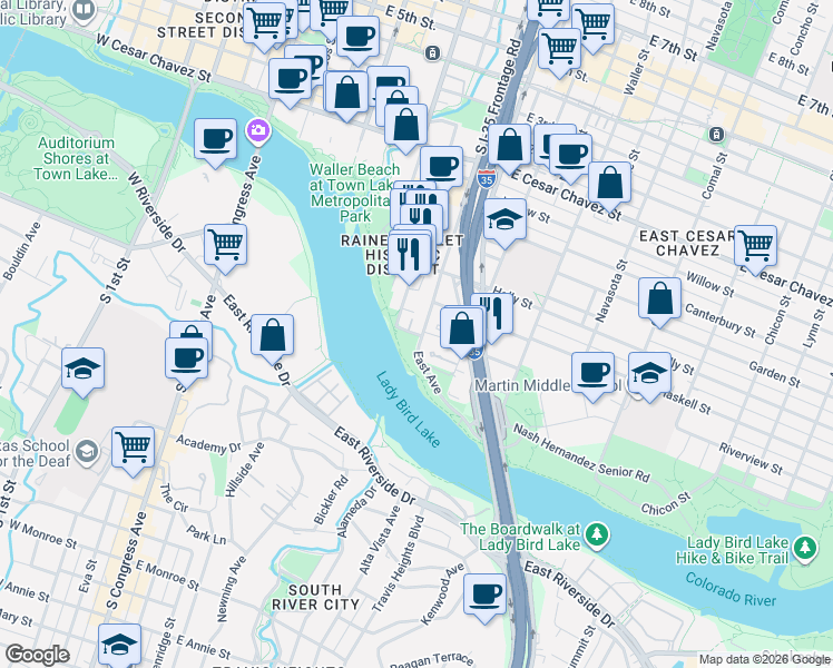 map of restaurants, bars, coffee shops, grocery stores, and more near 34 San Marcos Street in Austin