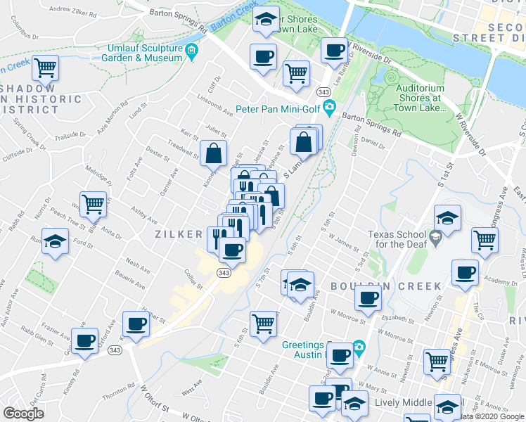 map of restaurants, bars, coffee shops, grocery stores, and more near 1108 South Lamar Boulevard in Austin