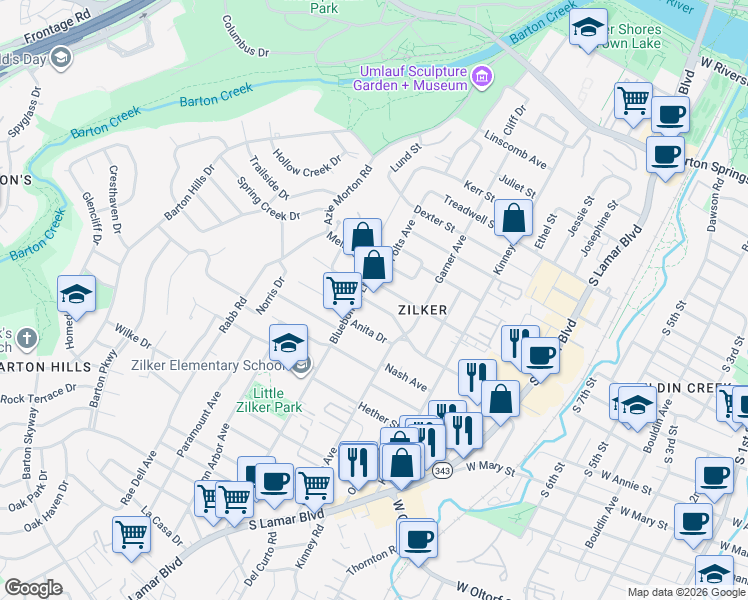 map of restaurants, bars, coffee shops, grocery stores, and more near 1908 Anita Drive in Austin
