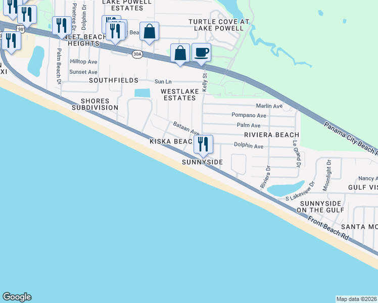 map of restaurants, bars, coffee shops, grocery stores, and more near 21929 Front Beach Road in Panama City Beach