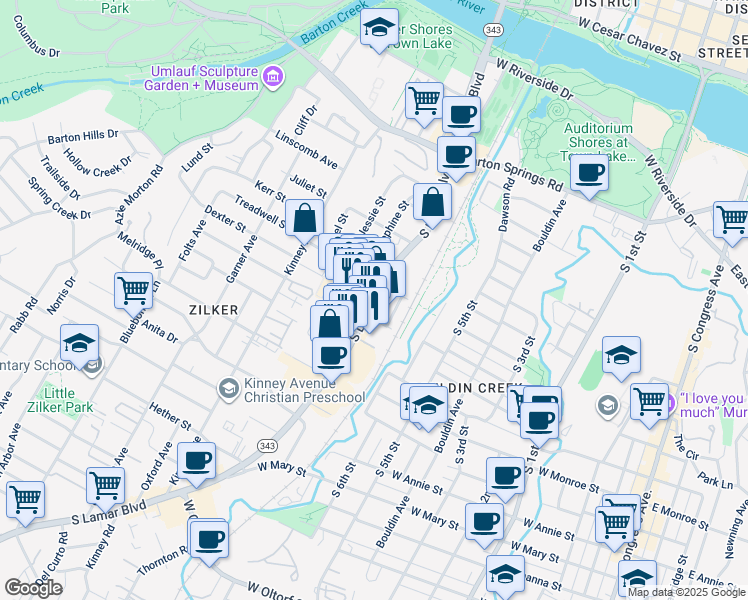 map of restaurants, bars, coffee shops, grocery stores, and more near 1108 South Lamar Boulevard in Austin
