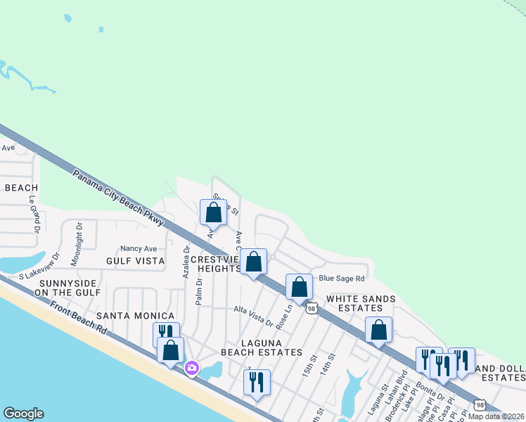 map of restaurants, bars, coffee shops, grocery stores, and more near 212 Sand Oak Boulevard in Panama City Beach