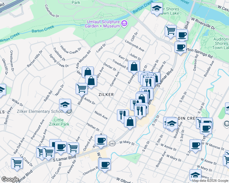 map of restaurants, bars, coffee shops, grocery stores, and more near in Austin