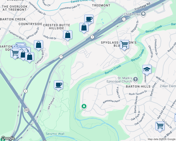 map of restaurants, bars, coffee shops, grocery stores, and more near 2702 Bartons Bluff Lane in Austin