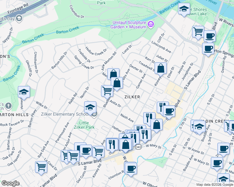 map of restaurants, bars, coffee shops, grocery stores, and more near 1908 Anita Drive in Austin
