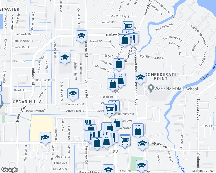 map of restaurants, bars, coffee shops, grocery stores, and more near 4818 Ducheneau Drive in Jacksonville