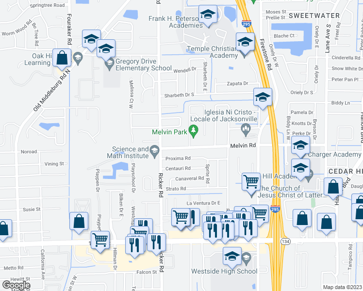 map of restaurants, bars, coffee shops, grocery stores, and more near 7517 Melvin Road in Jacksonville