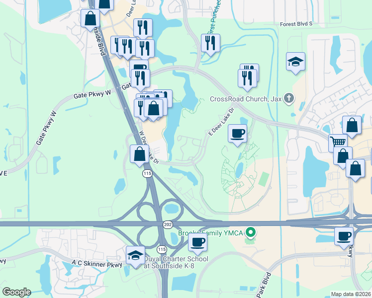map of restaurants, bars, coffee shops, grocery stores, and more near 4870 East Deer Lake Drive in Jacksonville