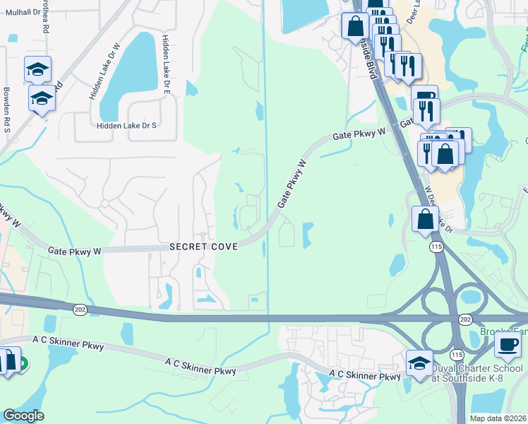 map of restaurants, bars, coffee shops, grocery stores, and more near 8539 Gate Parkway West in Jacksonville