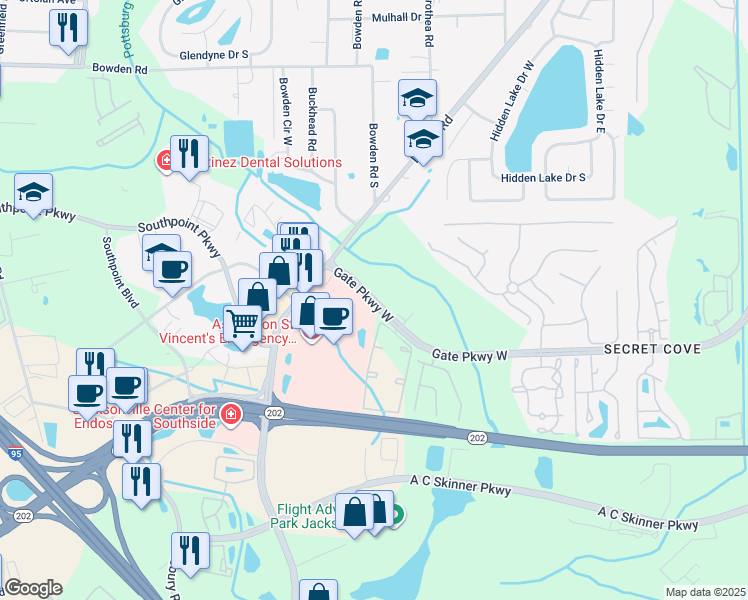 map of restaurants, bars, coffee shops, grocery stores, and more near 8075 Gate Parkway West in Jacksonville