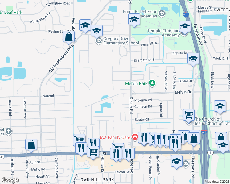 map of restaurants, bars, coffee shops, grocery stores, and more near 4610 Crib Court in Jacksonville