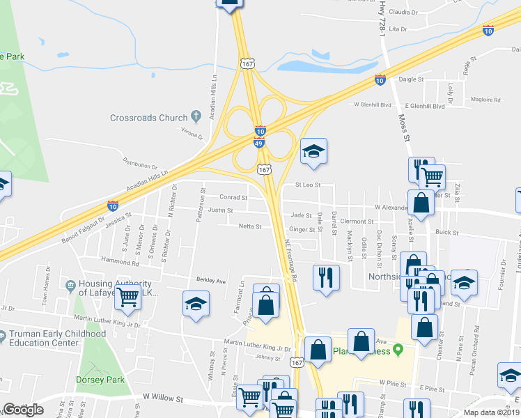 map of restaurants, bars, coffee shops, grocery stores, and more near 116 Netta Street in Lafayette
