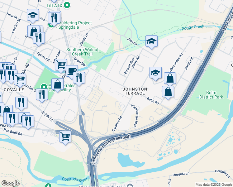 map of restaurants, bars, coffee shops, grocery stores, and more near 900 East Leslie Circle in Austin