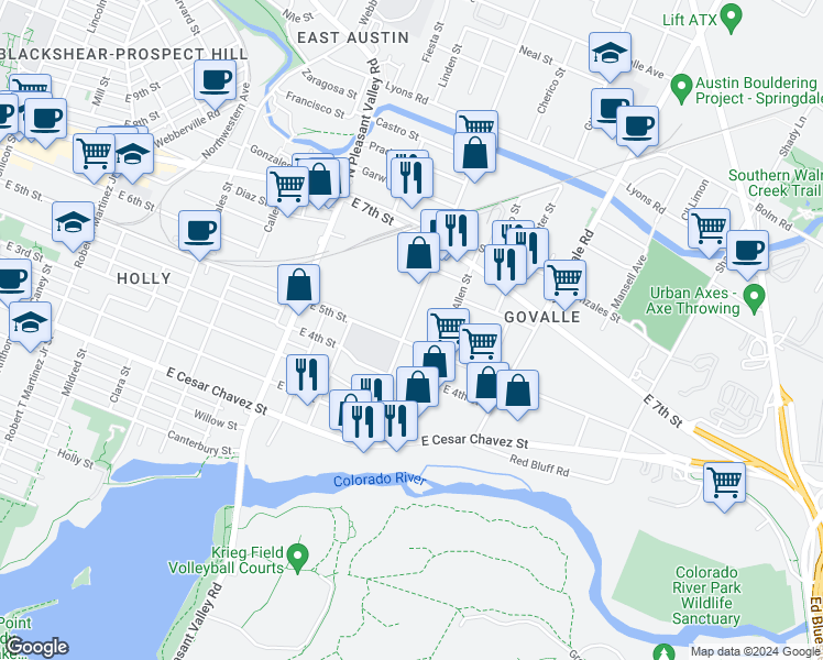 map of restaurants, bars, coffee shops, grocery stores, and more near in Austin
