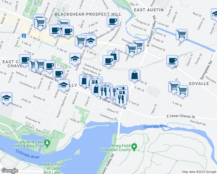 map of restaurants, bars, coffee shops, grocery stores, and more near 2604 East 2nd Street in Austin