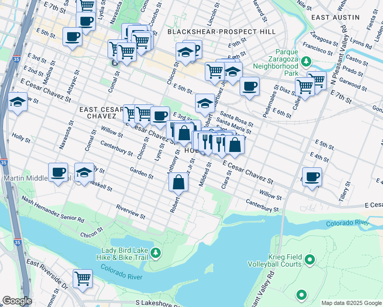 map of restaurants, bars, coffee shops, grocery stores, and more near 2204 Willow Street in Austin