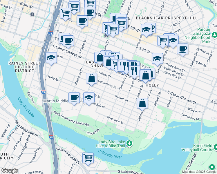 map of restaurants, bars, coffee shops, grocery stores, and more near 1802 Garden Street in Austin