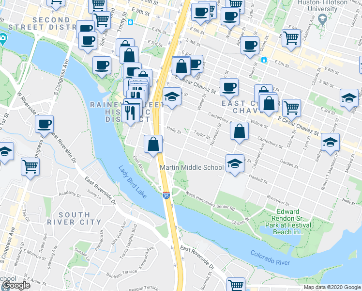 map of restaurants, bars, coffee shops, grocery stores, and more near 46 Waller Street in Austin