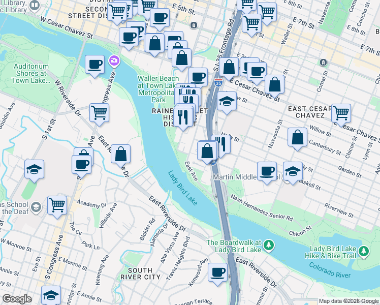 map of restaurants, bars, coffee shops, grocery stores, and more near 34 San Marcos Street in Austin