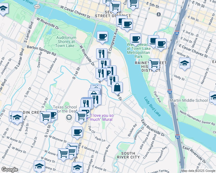 map of restaurants, bars, coffee shops, grocery stores, and more near 127 East Riverside Drive in Austin