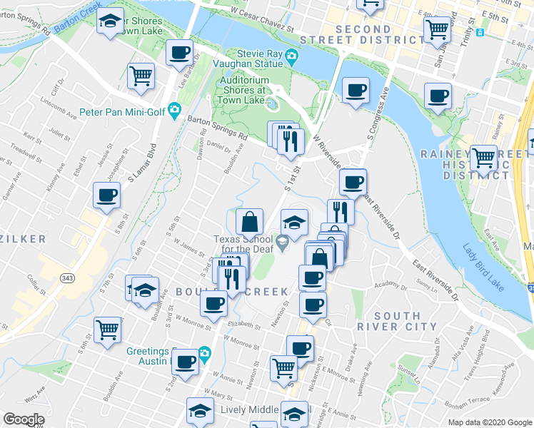 map of restaurants, bars, coffee shops, grocery stores, and more near 720 South 1st Street in Austin
