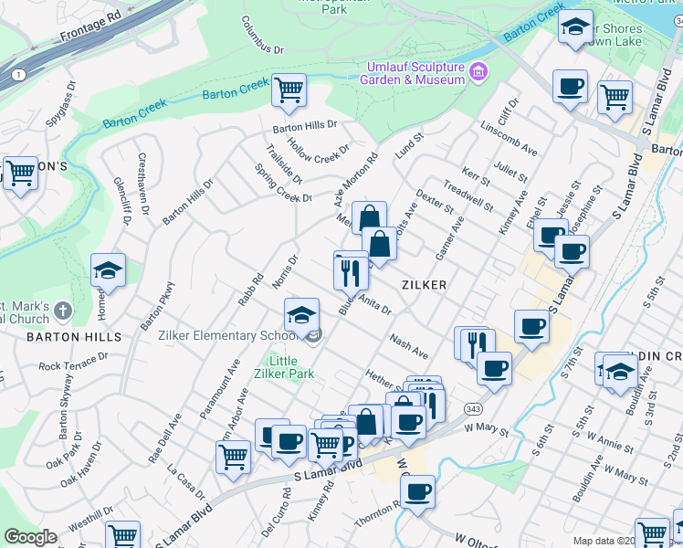 map of restaurants, bars, coffee shops, grocery stores, and more near 2008 Peach Tree Street in Austin