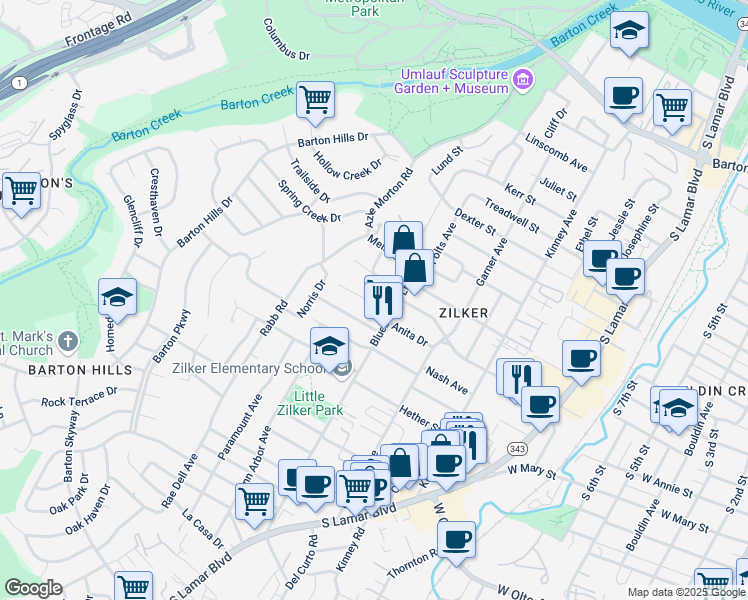 map of restaurants, bars, coffee shops, grocery stores, and more near 2010 Wright Street in Austin