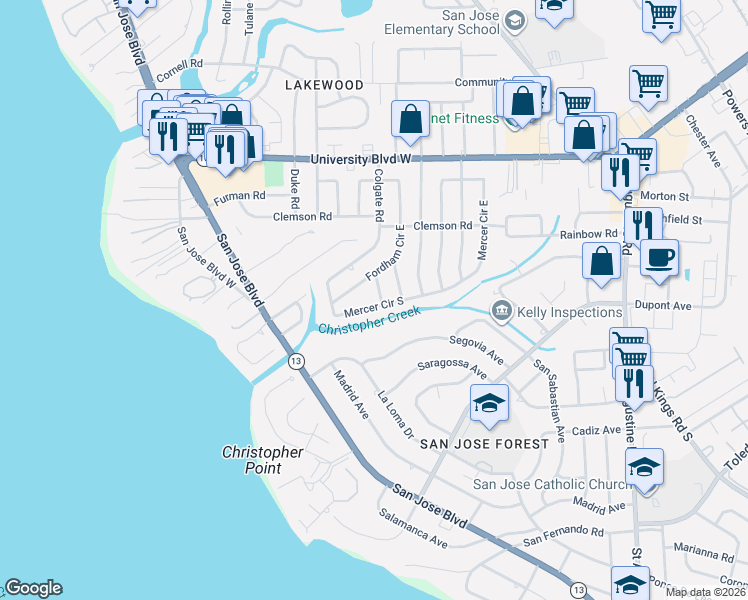 map of restaurants, bars, coffee shops, grocery stores, and more near 2106 Mercer Circle South in Jacksonville