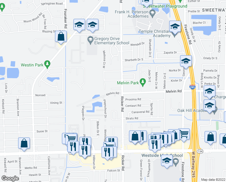 map of restaurants, bars, coffee shops, grocery stores, and more near 7637 Melvin Road in Jacksonville