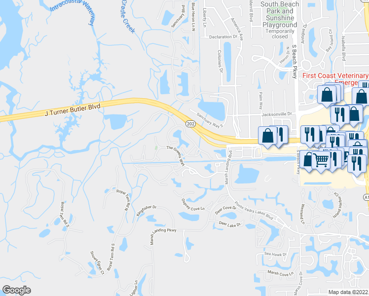 map of restaurants, bars, coffee shops, grocery stores, and more near 1701 The Greens Way in Jacksonville Beach