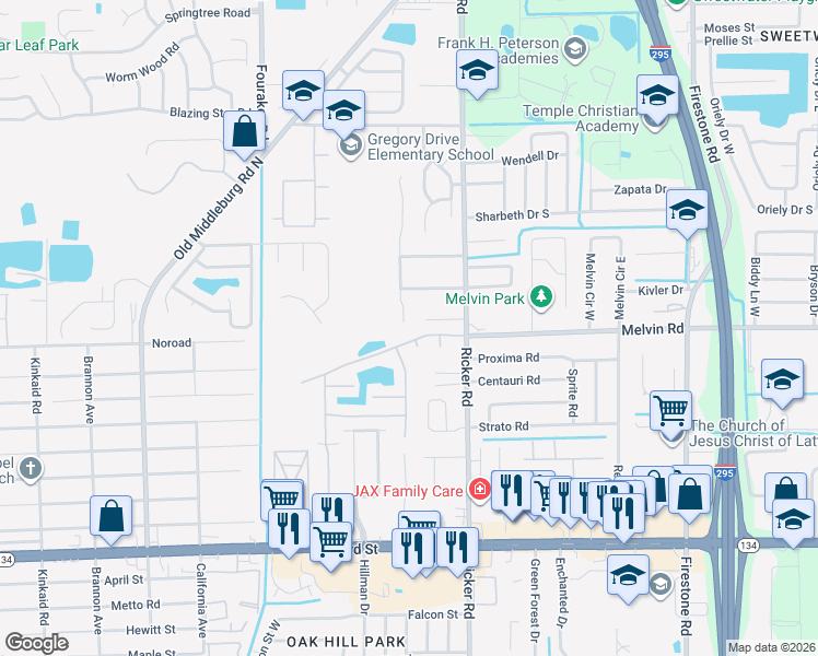 map of restaurants, bars, coffee shops, grocery stores, and more near 4610 Crib Court in Jacksonville