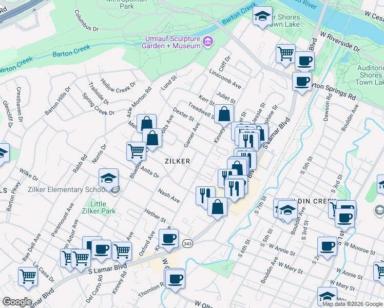 map of restaurants, bars, coffee shops, grocery stores, and more near 1304 Oxford Avenue in Austin