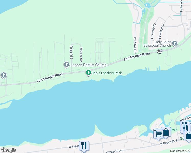 map of restaurants, bars, coffee shops, grocery stores, and more near 18156 Highway 180 in Gulf Shores