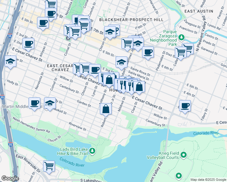 map of restaurants, bars, coffee shops, grocery stores, and more near 2125 East Cesar Chavez Street in Austin