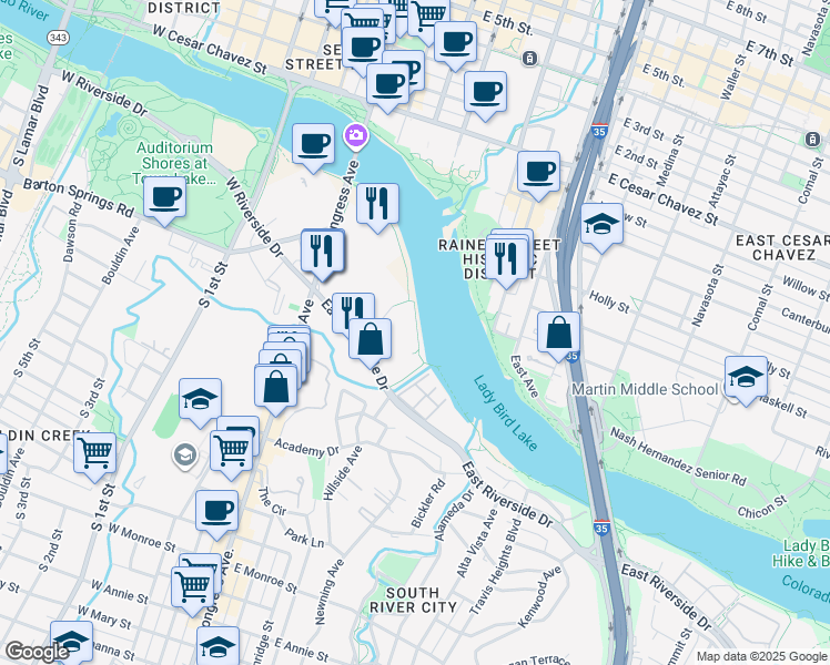 map of restaurants, bars, coffee shops, grocery stores, and more near 222 East Riverside Drive in Austin