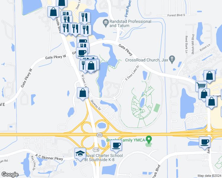 map of restaurants, bars, coffee shops, grocery stores, and more near 4884 East Deer Lake Drive in Jacksonville