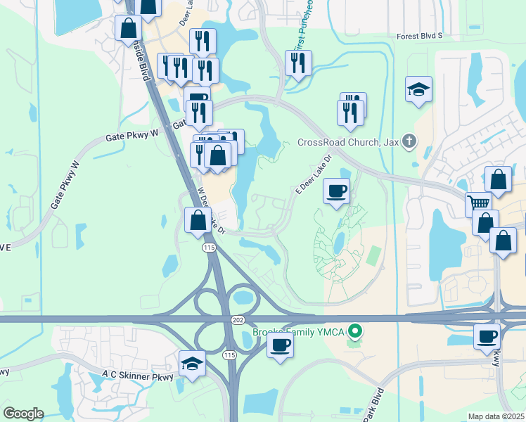 map of restaurants, bars, coffee shops, grocery stores, and more near 4884 East Deer Lake Drive in Jacksonville