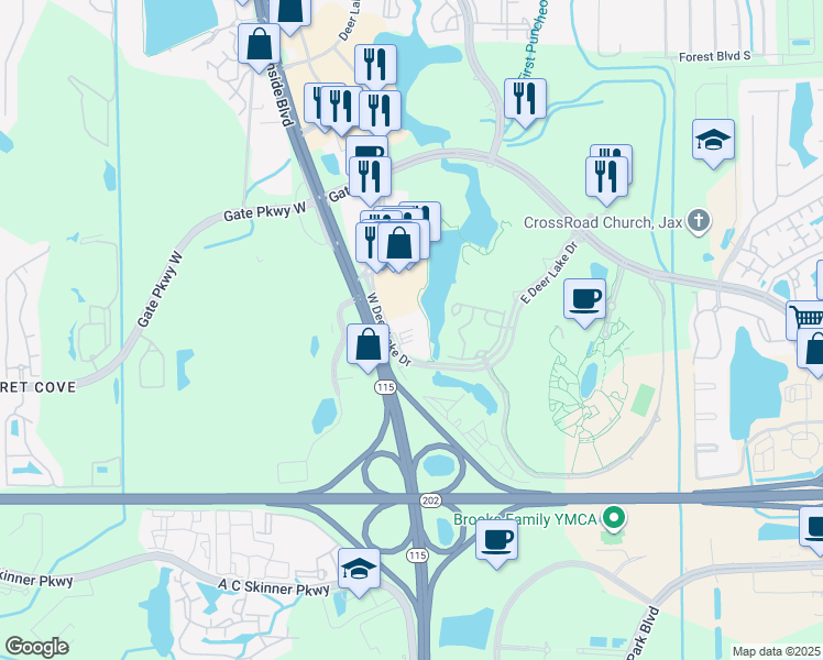map of restaurants, bars, coffee shops, grocery stores, and more near 9734 Tapestry Park Circle in Jacksonville