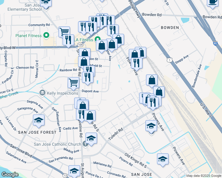 map of restaurants, bars, coffee shops, grocery stores, and more near 6701 Chester Avenue in Jacksonville