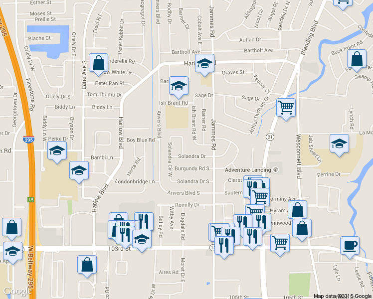 map of restaurants, bars, coffee shops, grocery stores, and more near 4633 Solandra Circle West in Jacksonville