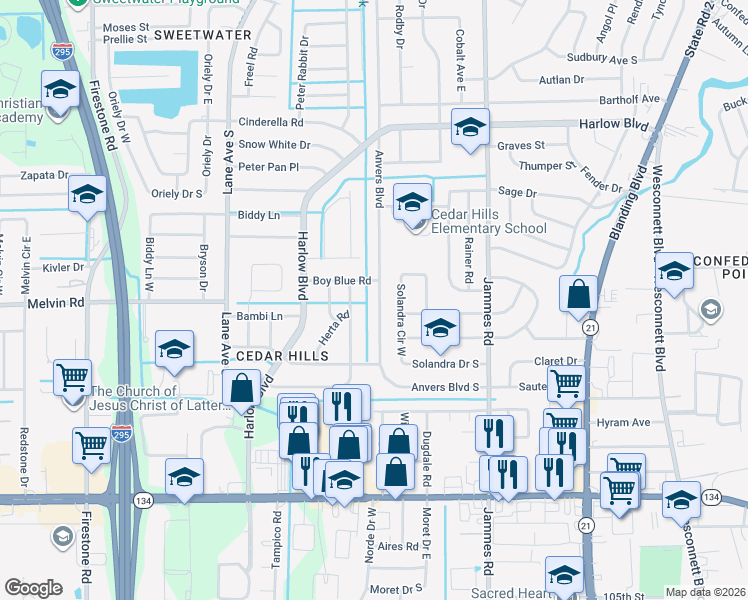 map of restaurants, bars, coffee shops, grocery stores, and more near 4702 Solandra Circle West in Jacksonville