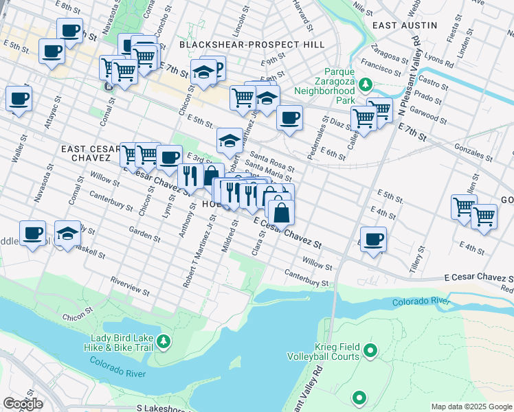 map of restaurants, bars, coffee shops, grocery stores, and more near 2305 East Cesar Chavez Street in Austin