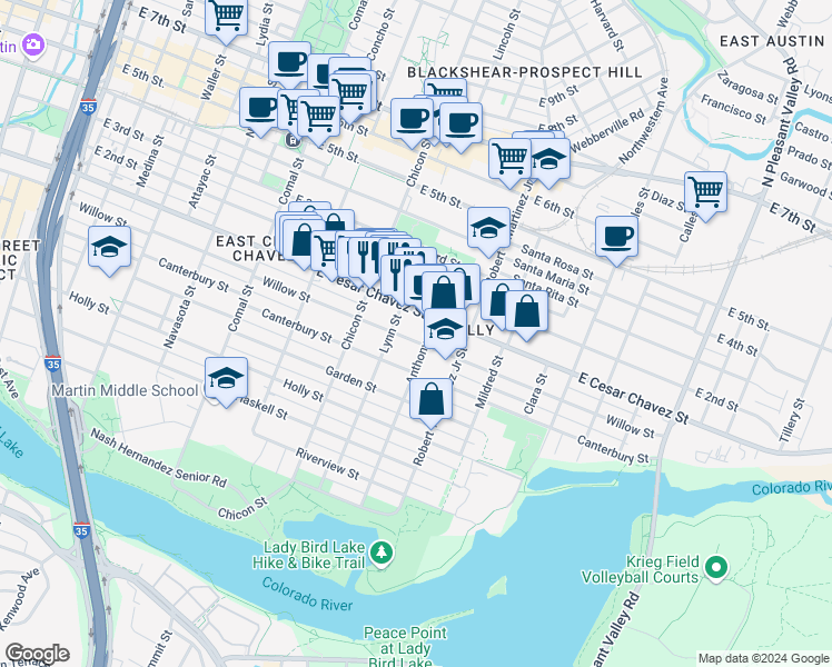 map of restaurants, bars, coffee shops, grocery stores, and more near 2004 Canterbury Street in Austin