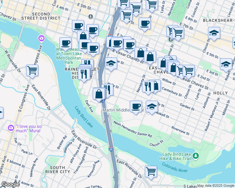 map of restaurants, bars, coffee shops, grocery stores, and more near 46 Waller Street in Austin