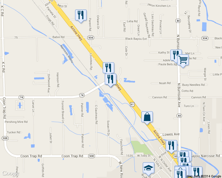 map of restaurants, bars, coffee shops, grocery stores, and more near 13091 Airline Highway in Gonzales