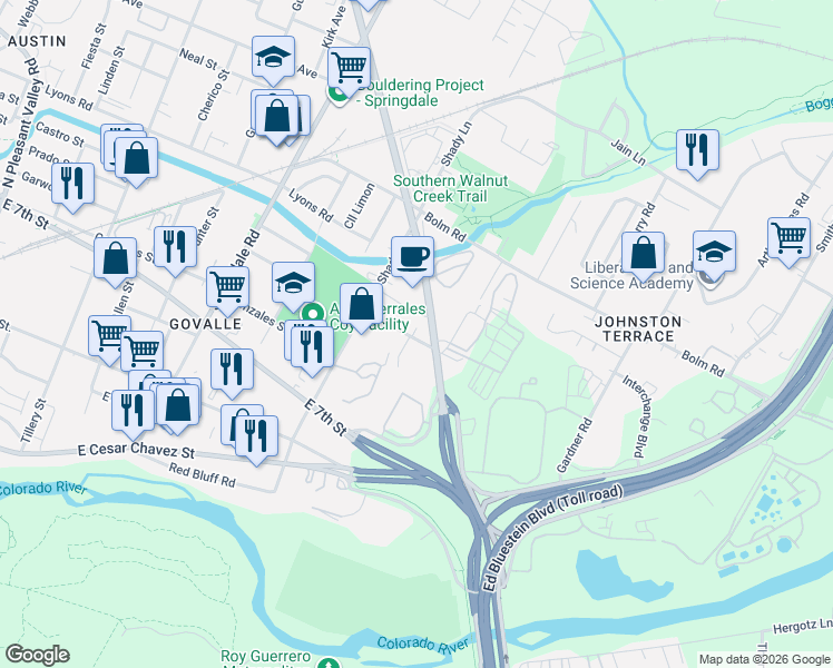map of restaurants, bars, coffee shops, grocery stores, and more near 764 Airport Boulevard in Austin