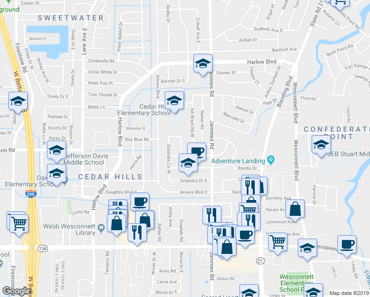map of restaurants, bars, coffee shops, grocery stores, and more near 4633 Solandra Circle East in Jacksonville