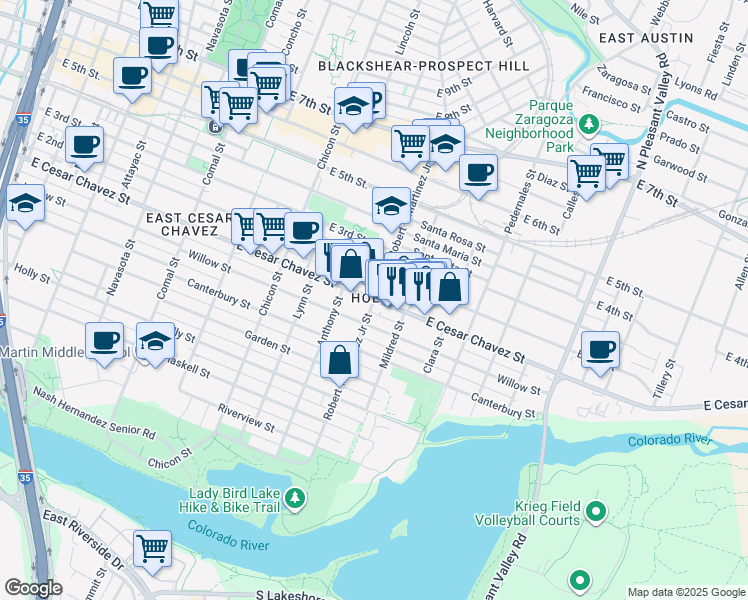 map of restaurants, bars, coffee shops, grocery stores, and more near East Cesar Chavez Street in Austin