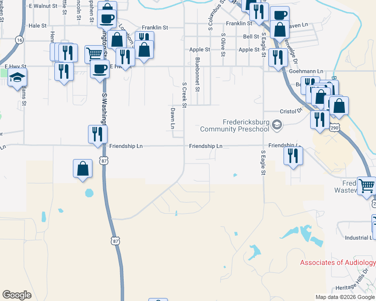map of restaurants, bars, coffee shops, grocery stores, and more near 591 Friendship Ln in Fredericksburg